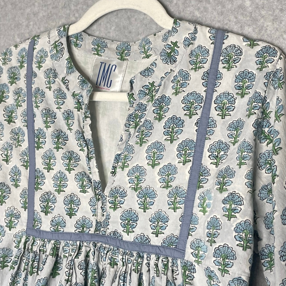 TMC Monogram Corner Block Print Dress Blue Floral Boho Cotton Size M - Picture 8 of 9